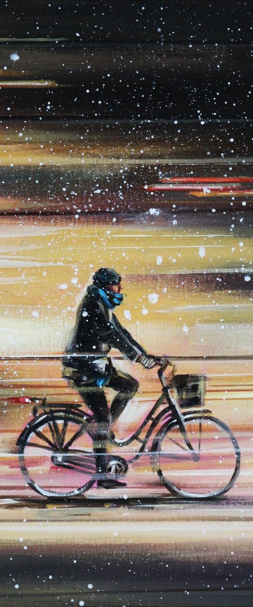 Winter. First Snow. Road. Outdor. Fast Bike. Bicycle. Speed. Girl Cycling. by Trayko Popov