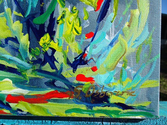 Abstract Landscape Painting. Floral Forest. Abstract Tropical Flowers and Birds. Original Blue Teal Green Painting on Canvas. Modern Impressionism Art