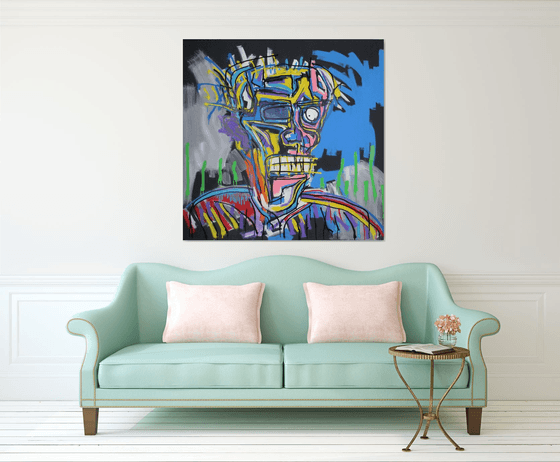 Portrait LARGE CANVAS 130 X 130 CM / 51,18 х 51,18 inch colourfull ABSTRACT EXPRESSIONISM square