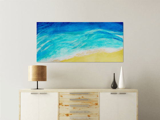 Whispering Waves  (Ready to hang - Large painting in turquoise and blues, water, seaside, waves)