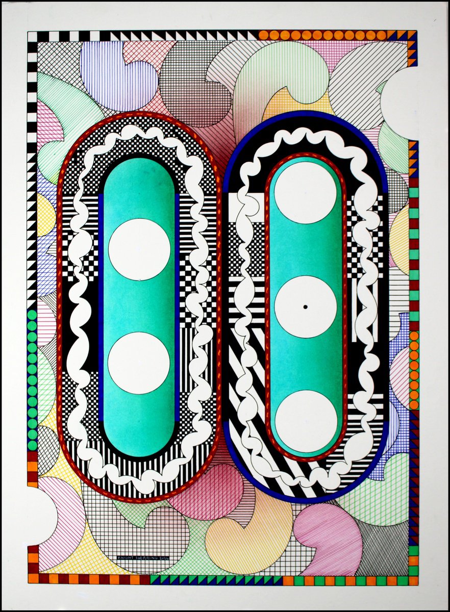 Geometric Abstract Ink Drawing By Knight Sherring, 22 X 30", Motion Picture., Original Artwork