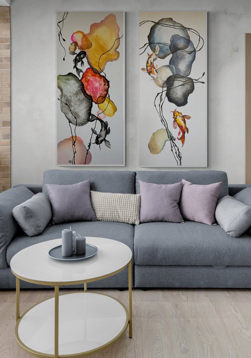 Koi fish in pink bubbles by Maria Kireev