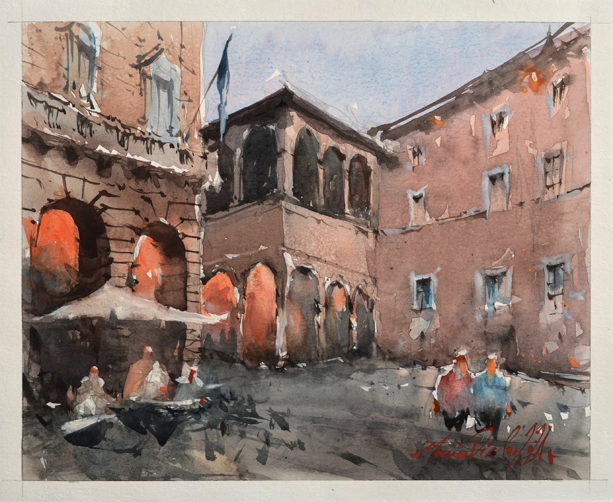 Urban watercolor painting of evening italian city. by Marin Victor