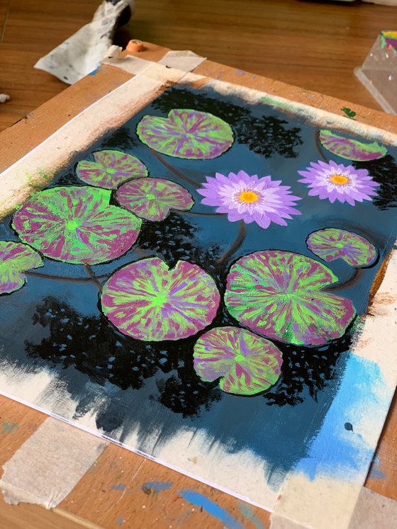 Purple water lilies pond  ! A4 Painting on paper