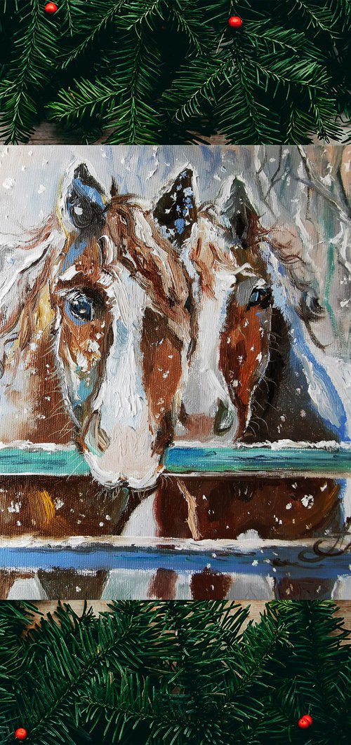 Horse oil painting, Animals portrait painting, Christmas wall art oil painting by Annet Loginova