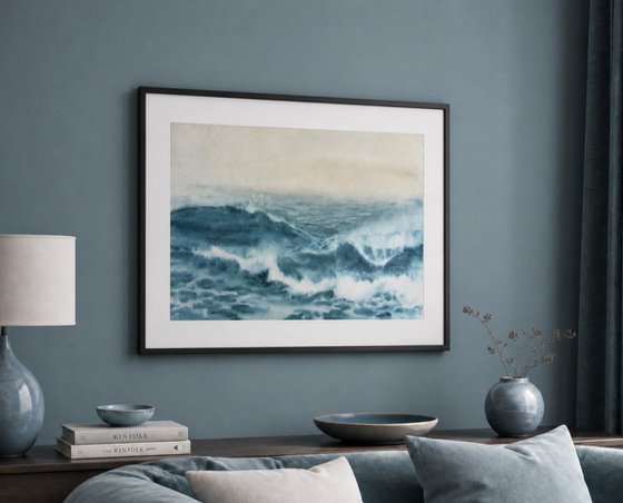 Restless Water, Watercolor wave painting.