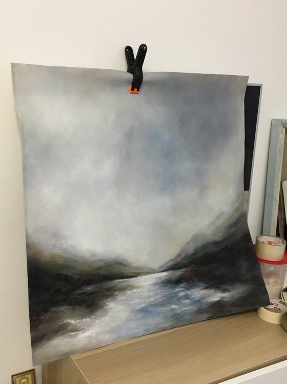 Fog under river 65X65 cm (2020) oil painting by Elena Troyanskaya