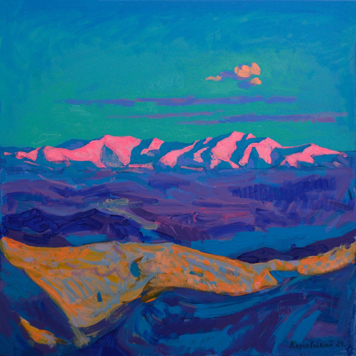 Impressionistic Landscape Oil Painting By Mykola Kozlovsky, 24 X 24", Winter. Carpathian Mountains, Original Artwork