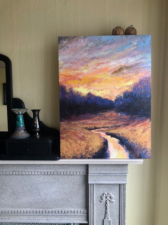 'Winter Stream IV' Sunset oil painting