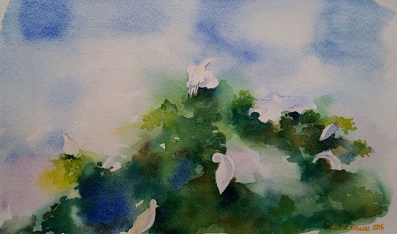 Egrets, impressionistic watercolor, small painting, SOLD