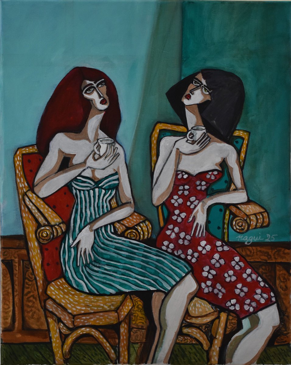 Expressive Portrait Acrylic Painting By Nagui, 16 X 20", The Coffee Shop, Original Artwork