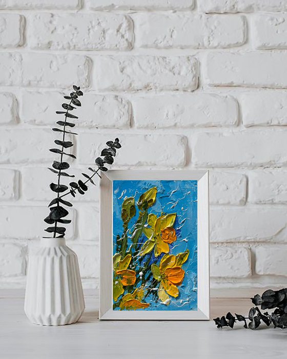 Daffodil Painting Floral Original Art Flower Oil Impasto Artwork Small Wall Art 4 by 6" by Halyna Kirichenko