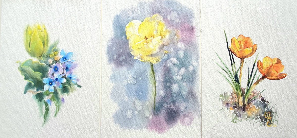 Impressionistic Botanical Watercolour By Sonata Art, 25 X 11", Triptych Yellow Flowers, Original Artwork