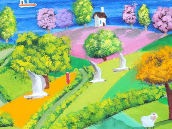 Rolling hills folk art landscape