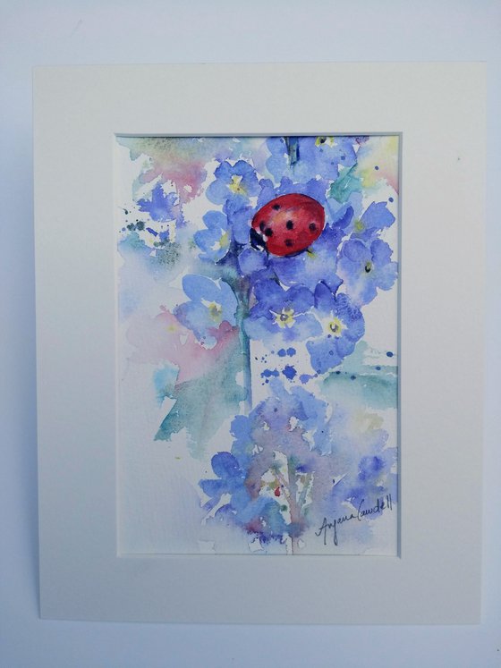 Ladybird painting, ladybug, Forget-me-not flower, Floral art, original watercolour, watercolor