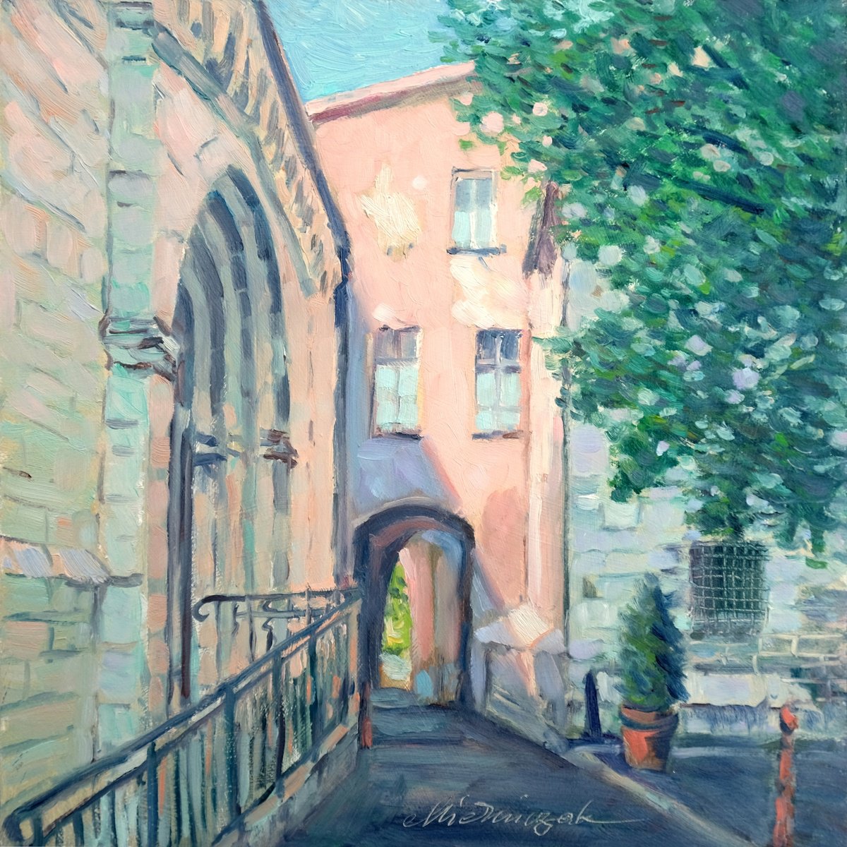 Impressionistic Cityscapes Oil Painting By Richard Mierniczak, 12 X 12", Streets Of Grasse 2., Original Artwork