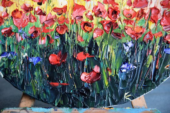 Poppy Painting, Landscape Round Oil Painting on Canvas, Red Field Original Wall Art