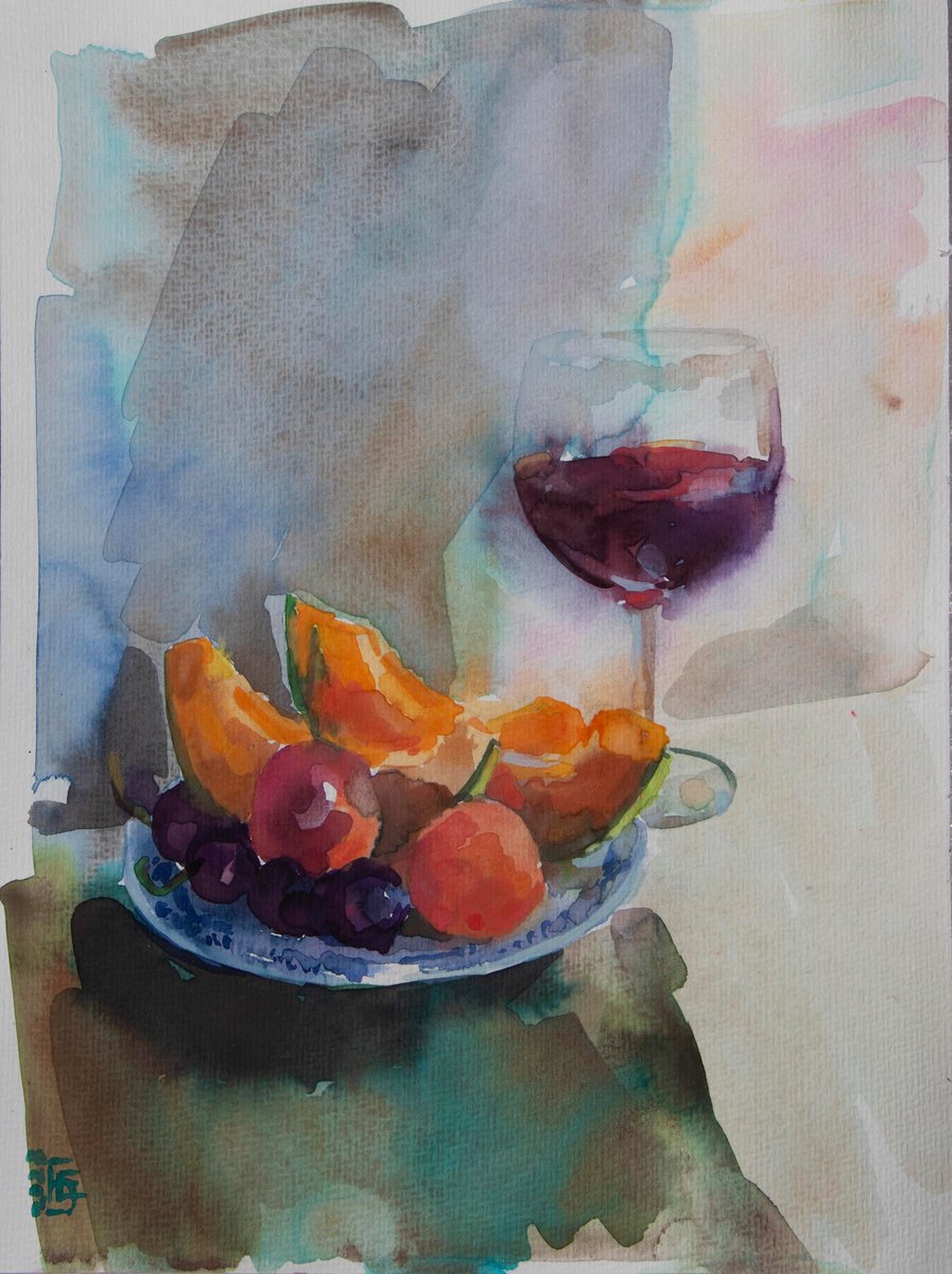 Impressionistic Still Life Watercolour By Kateryna Bortsova, 9 X 13", Watercolour Still Life Painting With Wine, Artfinder