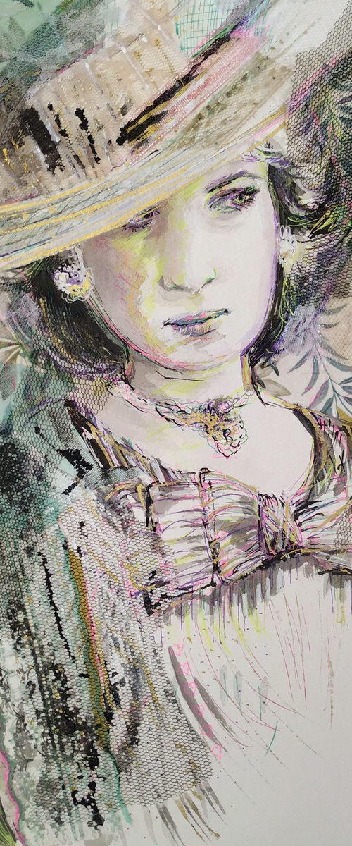 Princess Diana- Portrait mixed media drawing on paper by Antigoni Tziora