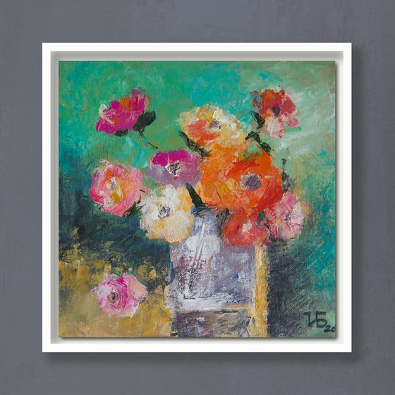 Small still life with roses in a blue ceramic vase
