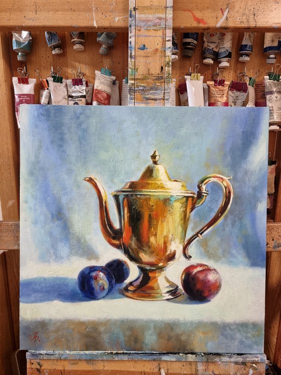 "Teapot and plums. "   still life  liGHt original painting  GIFT (2022)