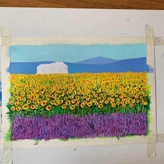 Sunflower and Lavender field! Country Landscape! House in the field! A3 size Painting on paper