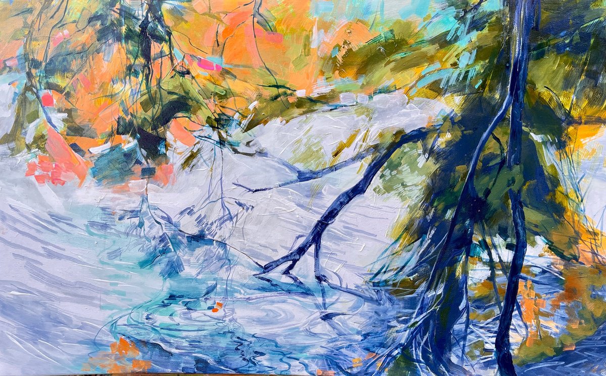 Impressionistic Landscape Acrylic Painting By Tina Ding, 41 X 26", Whispers Of Autumn Water, Original Artwork