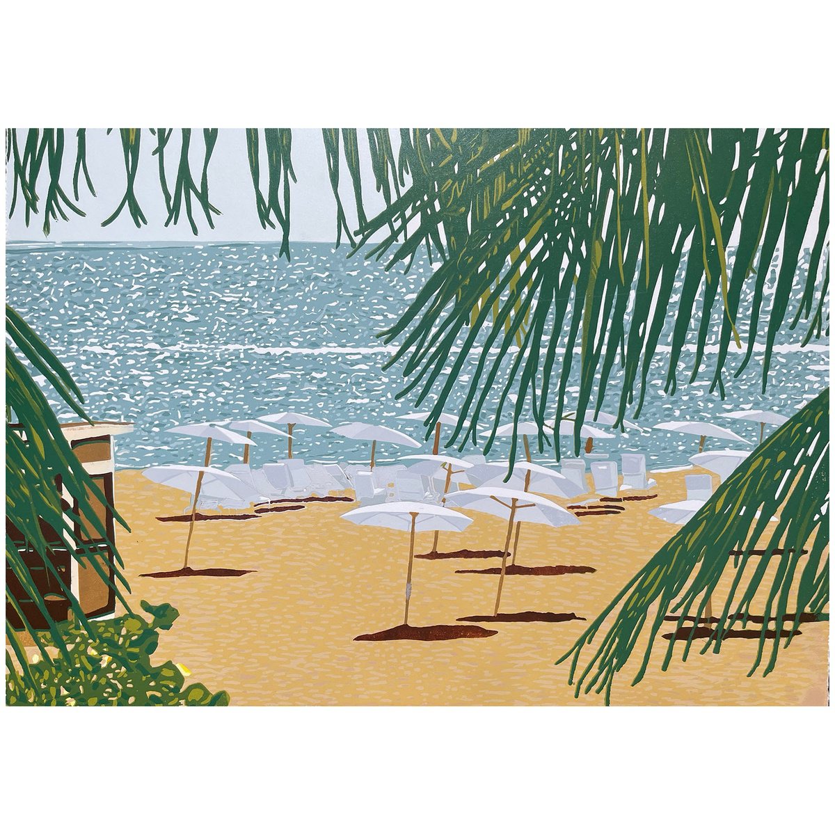Impressionistic Landscape Linocut By Kirstie Dedman, 23 X 17", Beach Umbrellas, Original Artwork
