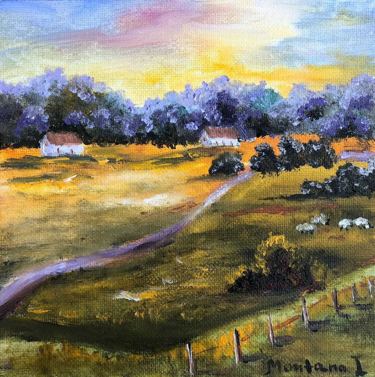 Impressionistic Landscape Oil Painting By Inna Montano, 6 X 6, Sunset, Original Artwork