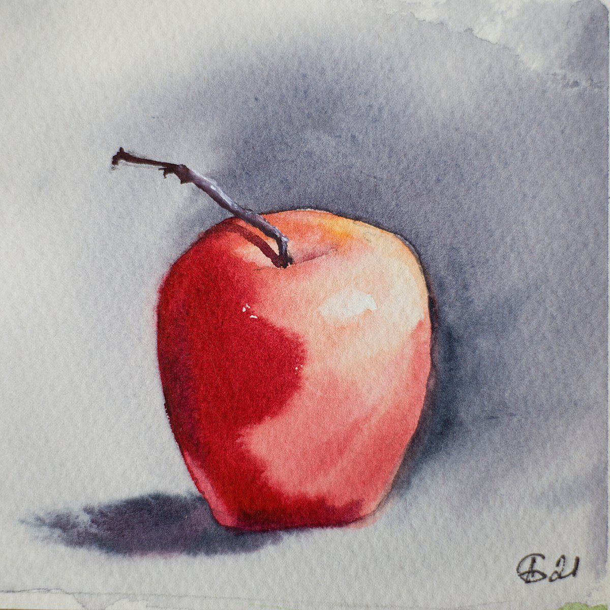 Red apple on grey. Home isolation series. Original watercolor painting. Small still life f... by Sasha Romm