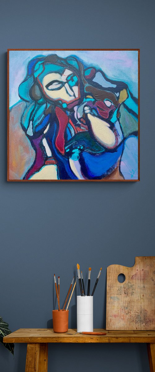 MOTHER WITH CHILD- square abstract figurative painting, mother child, woman portrait by Yulia Ani