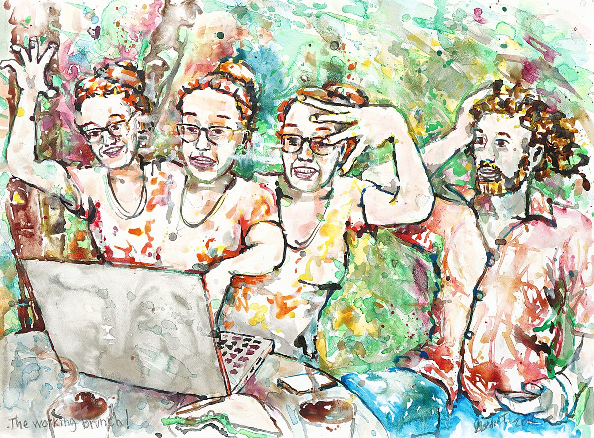 Expressive Portrait Acrylic Painting By Gordon T., 30 X 22, The Working Brunch, Original Artwork