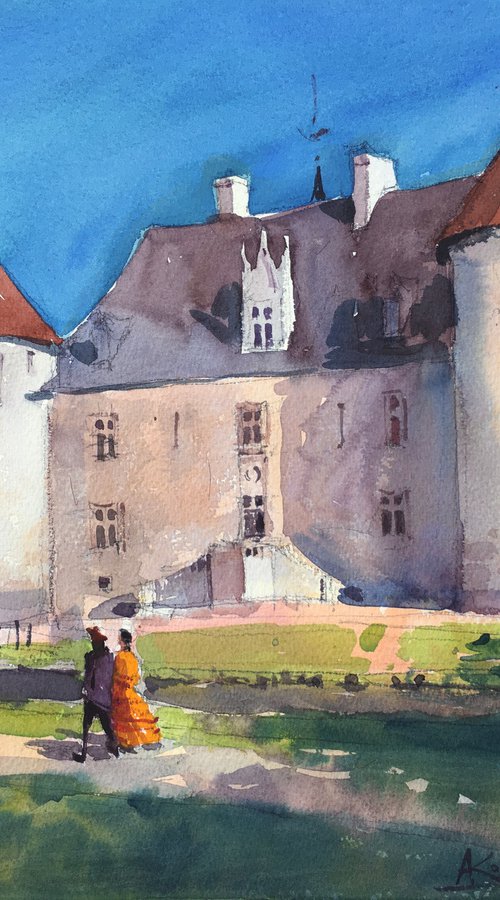 France Castle Château d'Ainay-le-Vieil Watercolor painting by Andrii Kovalyk