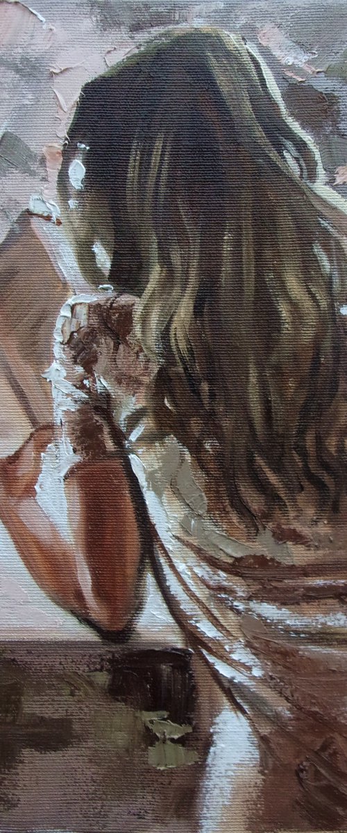 " WAITING FOR A TRAIN " book lover original painting window WINTER palette knife GIFT brown by Monika Luniak