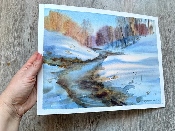 Spring landscape with snow and stream. Watercolour by Marina Trushnikova. Snow landscape, A3 watercolor