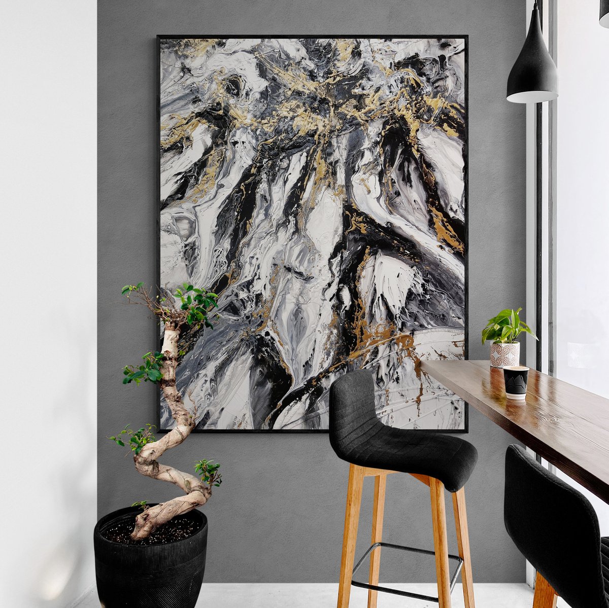 Glitz and Glamour 140cm x 180cm Black Gold White Textured Abstract Art by Franko