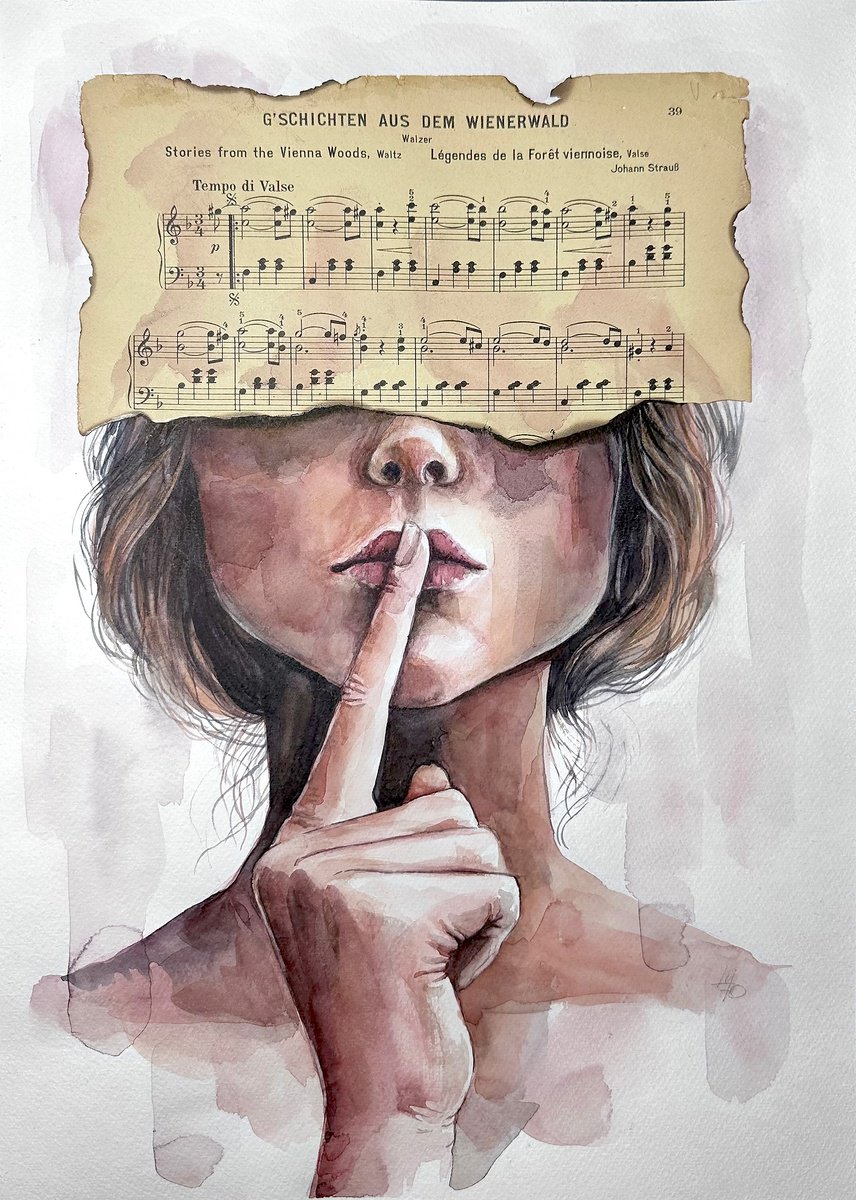 Photorealistic Portrait Painting By Julia Shilo, 12 X 17", Harmony Of Silence Sheet Music Abstract Art, Original Artwork