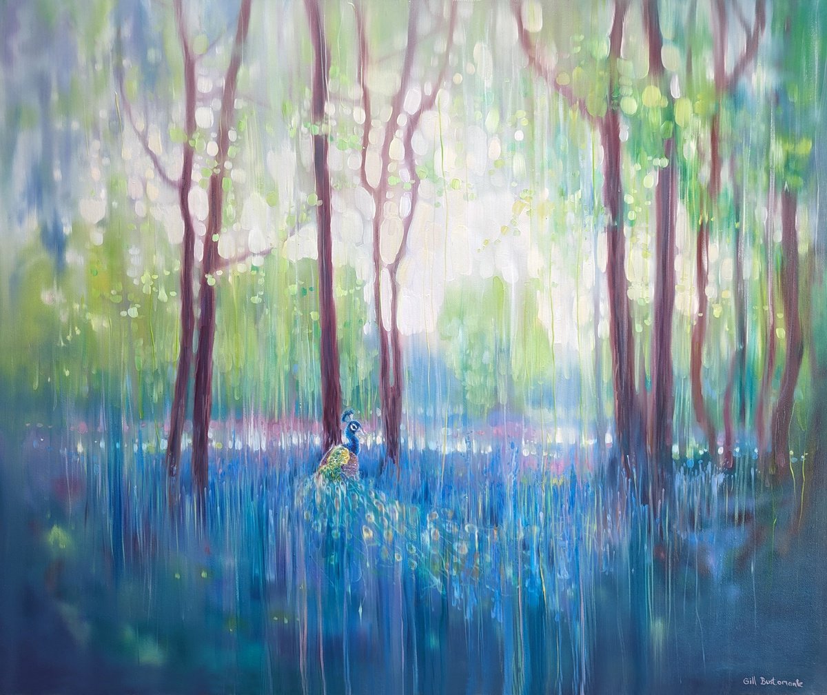 Expressive Landscape Oil Painting By Gill Bustamante, 36 X 30, In His Element, A Peacock In Bluebell Landscape Painting, Artfinder