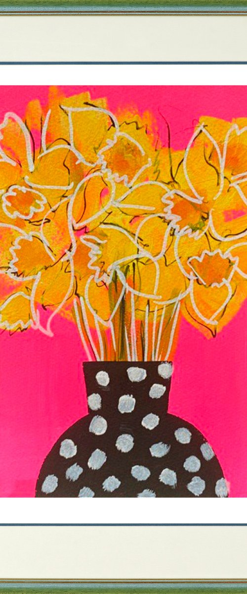 Daffodils on Pink by Jan Rippingham