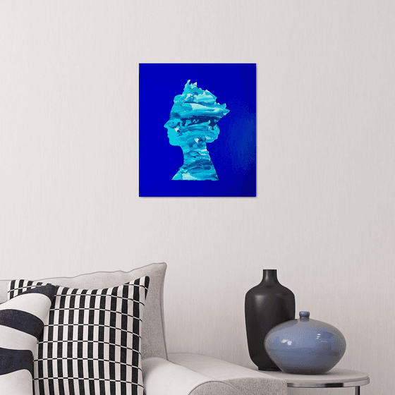 Queen #37on ultramarine , metallic turquoise, white, navy blue  PAINTING INSPIRED BY QUEEN ELIZABETH PORTRAIT