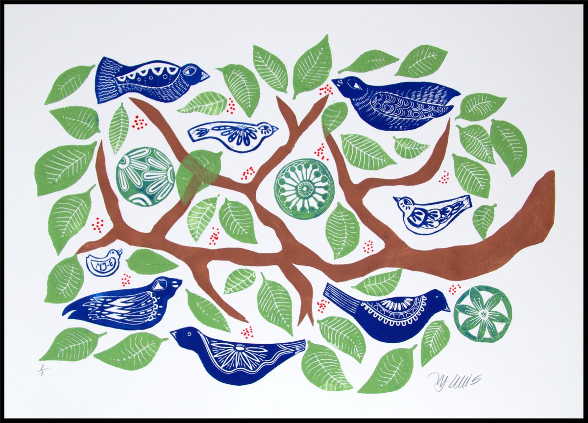 Birds on a Branch, linocut mono print by Mariann Johansen-Ellis
