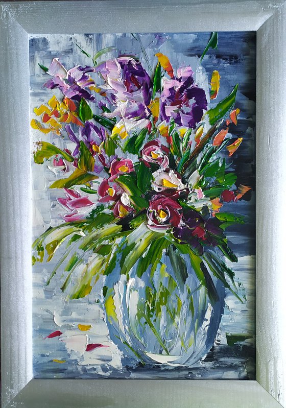 Summer bouquet, original framed oil painting , gift, bedroom art