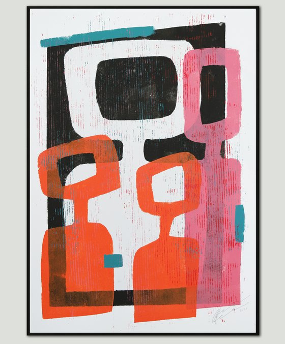 Abstract Family Portrait  - Art on paper - Pink & Orange - A2 42x59,4cm - Ronald Hunter 31J