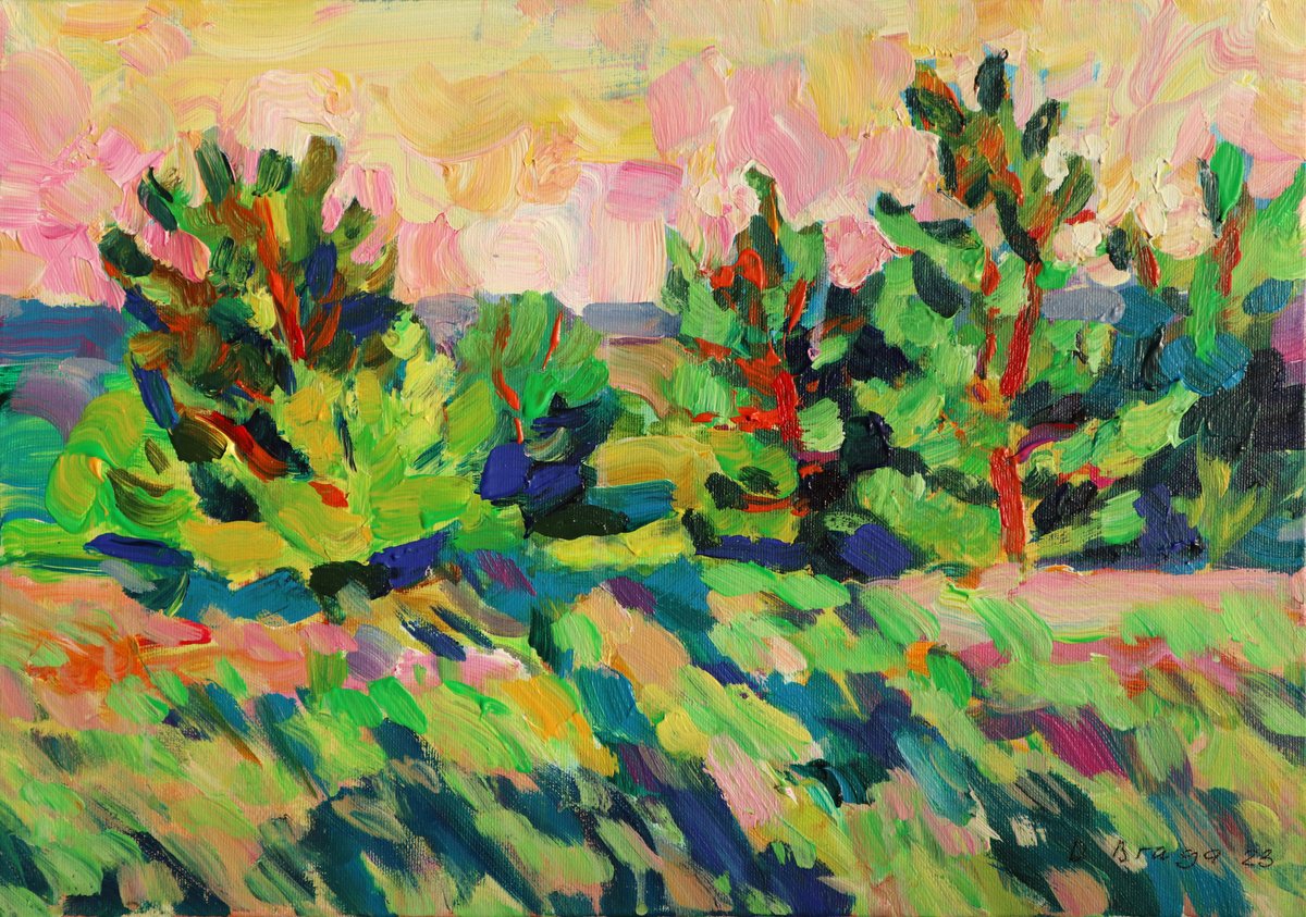 Expressive Landscape Acrylic Painting By Dima Braga, 20 X 14, Summer Evening, Trees, Original Artwork