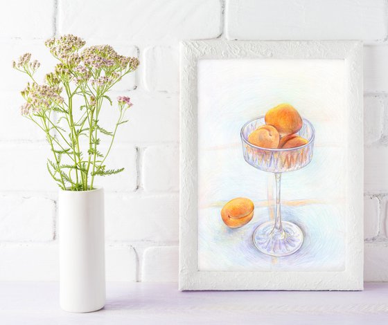 Colored pencils drawing of still life with apricots