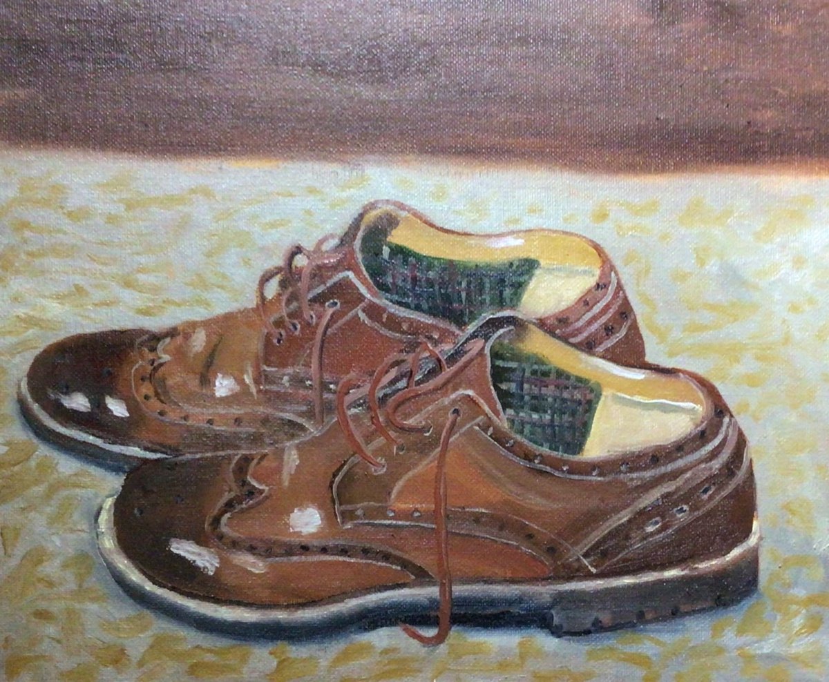 Brown Shoes, still life oil painting by Julian Lovegrove Art