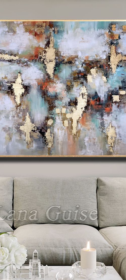 Summer Dance - Abstract Painting 60" x 40" Large Abstract Gold Leaf Soft Colors White Gray Painting by Lana Guise