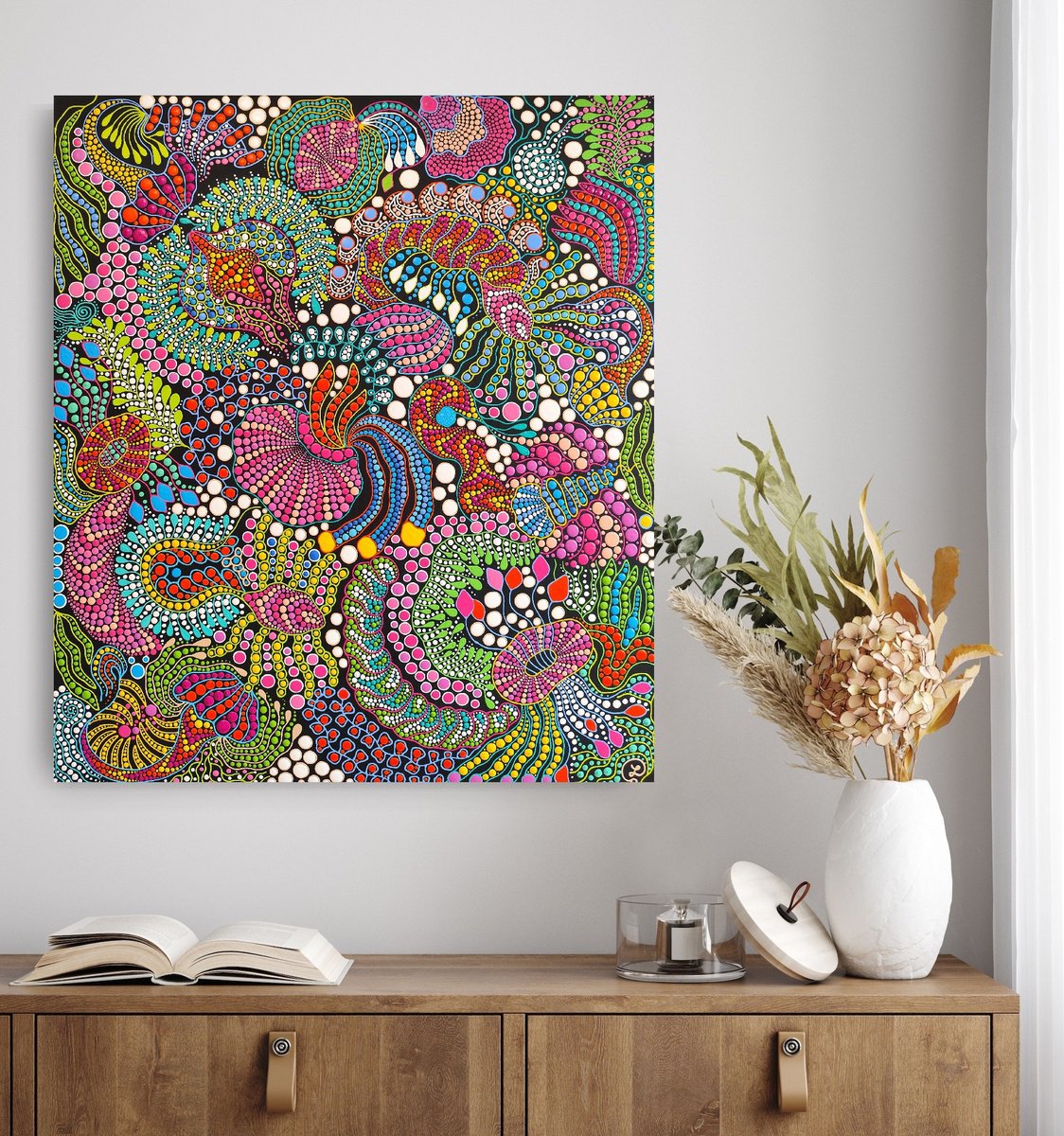 Expressive Landscape Acrylic Painting By Oxana Lazari, 28 X 31", Marine Life, Original Artwork