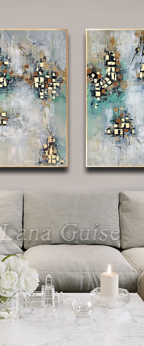 Somewhere New - 64" x 32" Abstract Painting, Set of Two Paintings, Multi Panel Abstract, ORIGINAL Painting, Gold Leaf Painting, Black and Gold, Large Art by Lana Guise