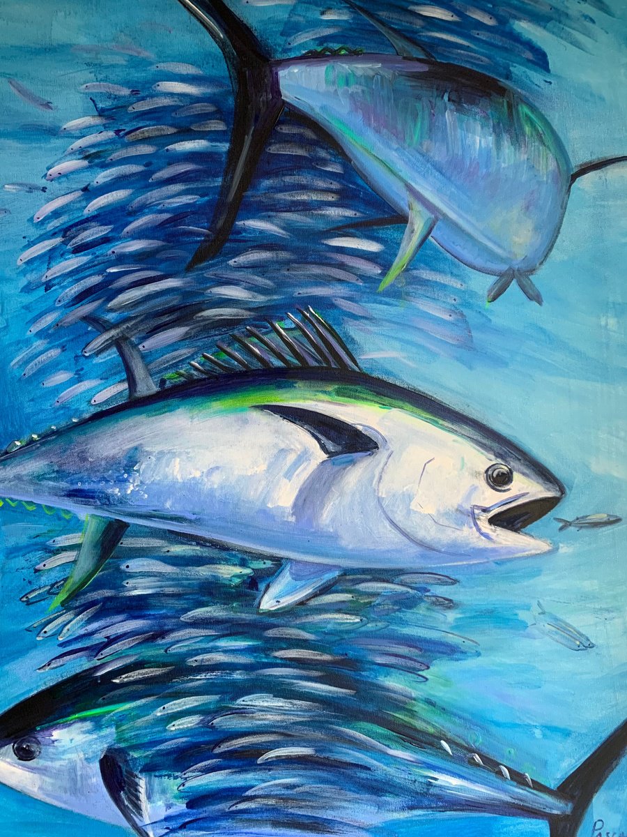 Impressionistic Animal Acrylic Painting By Olga Pascari, 31 X 39", Tunas Underwater, Original Artwork